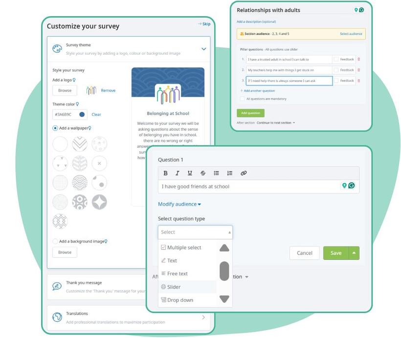 Customizable school surveys to gather feedback from students, staff, and families with targeted insights
