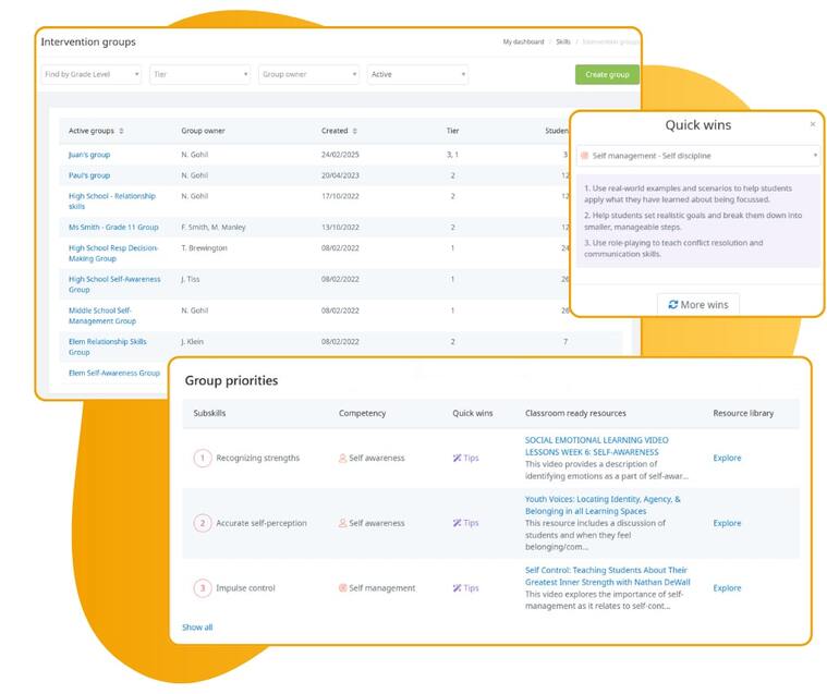 Real-time SEL progress monitoring with customizable student growth dashboards