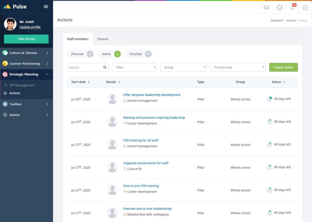 Screenshot of a list of actions in Pulse