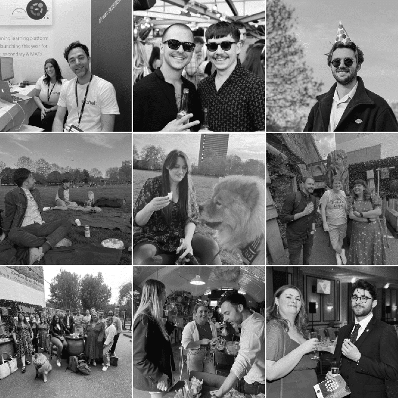 Collage of Satchel Pulse team members during various team-building events and outings.